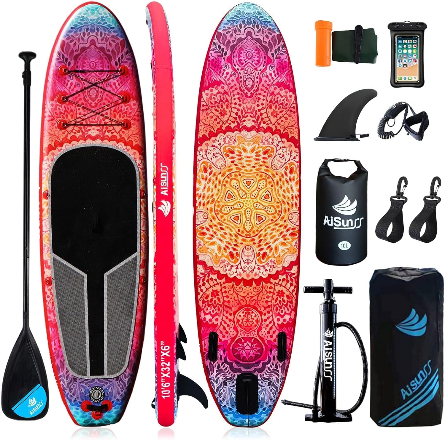 Inflatable SUP 2 person Red with Paddle, Leash & - Heavy-Duty Blow Up Stand Up Paddleboard for Adults, 450lbs,Extra Wide Stable Deck 11x35