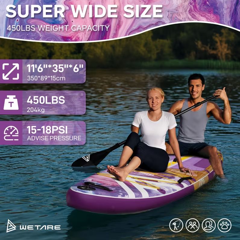 Inflatable SUP 2 person Green Board with Paddle, Leash & - Heavy-Duty Blow Up Stand Up Paddleboard for Adults, 450lbs,Extra Wide Stable Deck 11x35