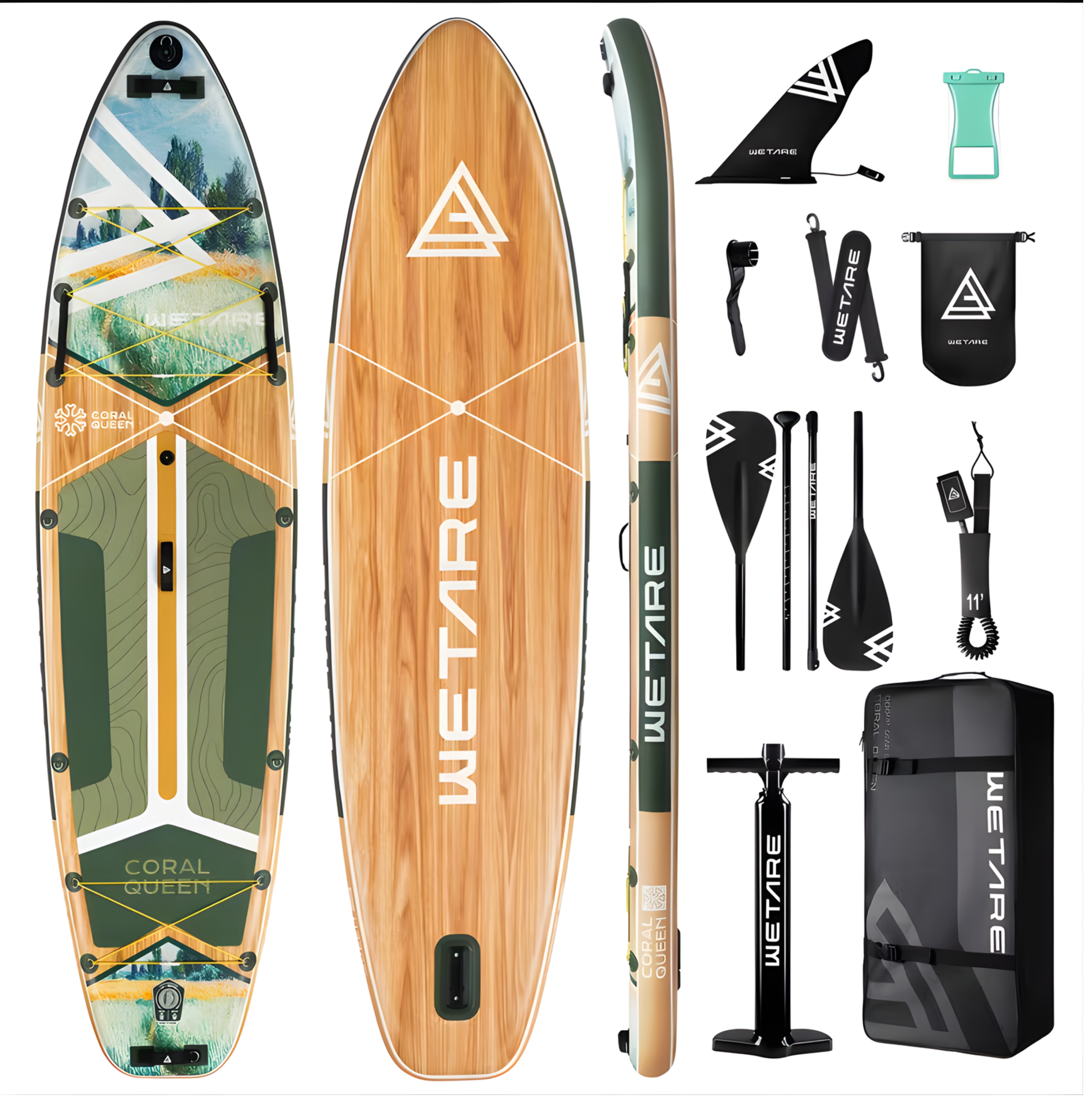 Inflatable SUP 2 person Green Board with Paddle, Leash & - Heavy-Duty Blow Up Stand Up Paddleboard for Adults, 450lbs,Extra Wide Stable Deck 11x35